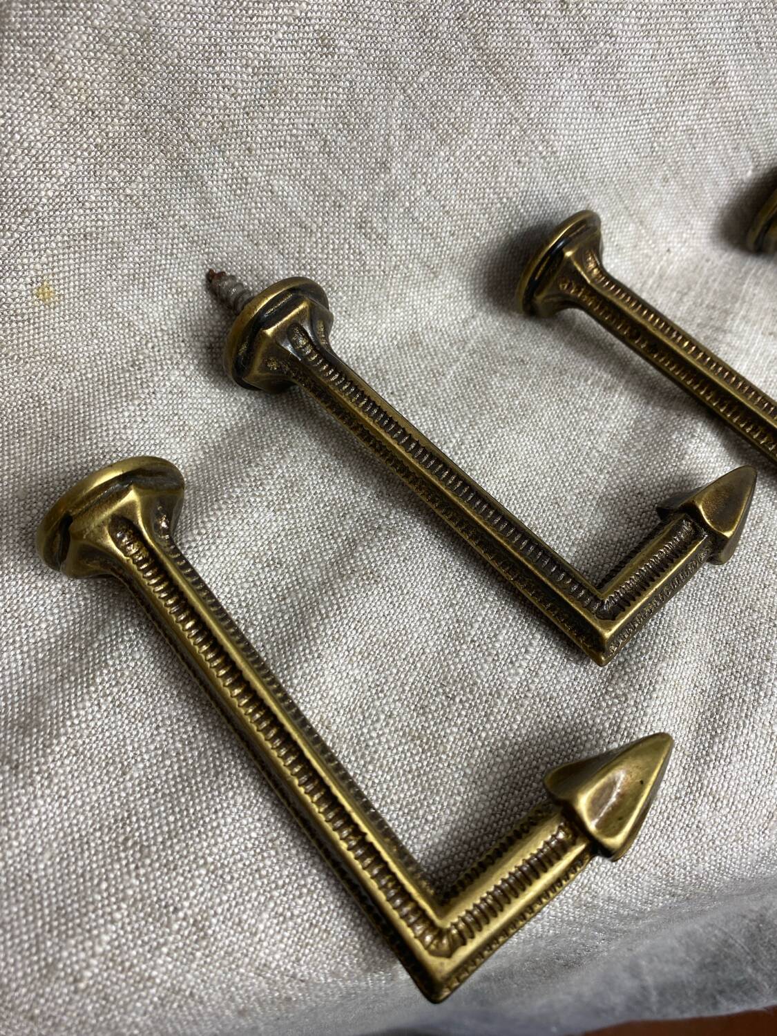 Antique brass curtain hooks and tiebacks