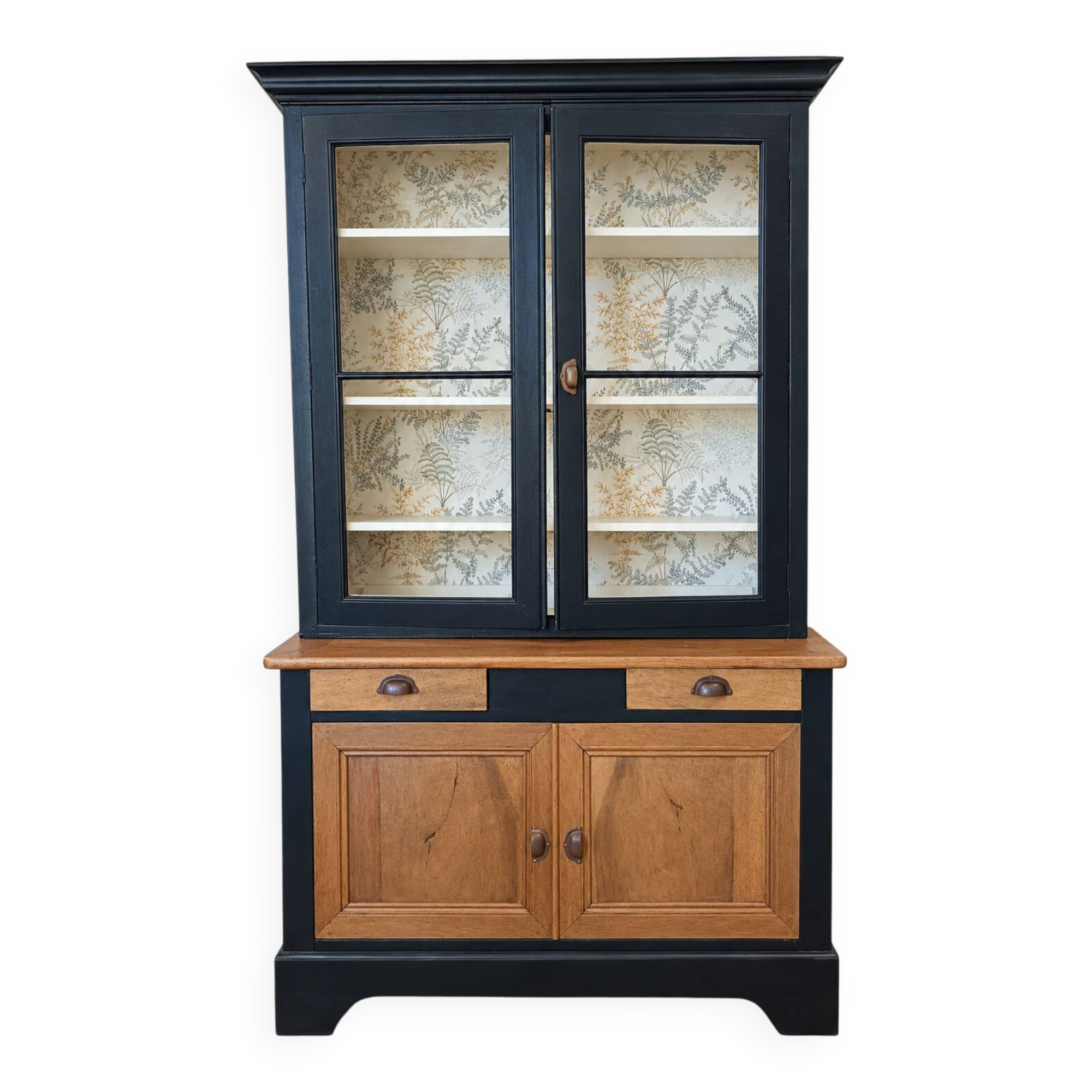 Buffet vitré, vaisselier, bibliothèque ancienne Noir et Bois naturel