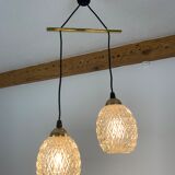 Suspension globes 2 feux, verre et laiton, années 50