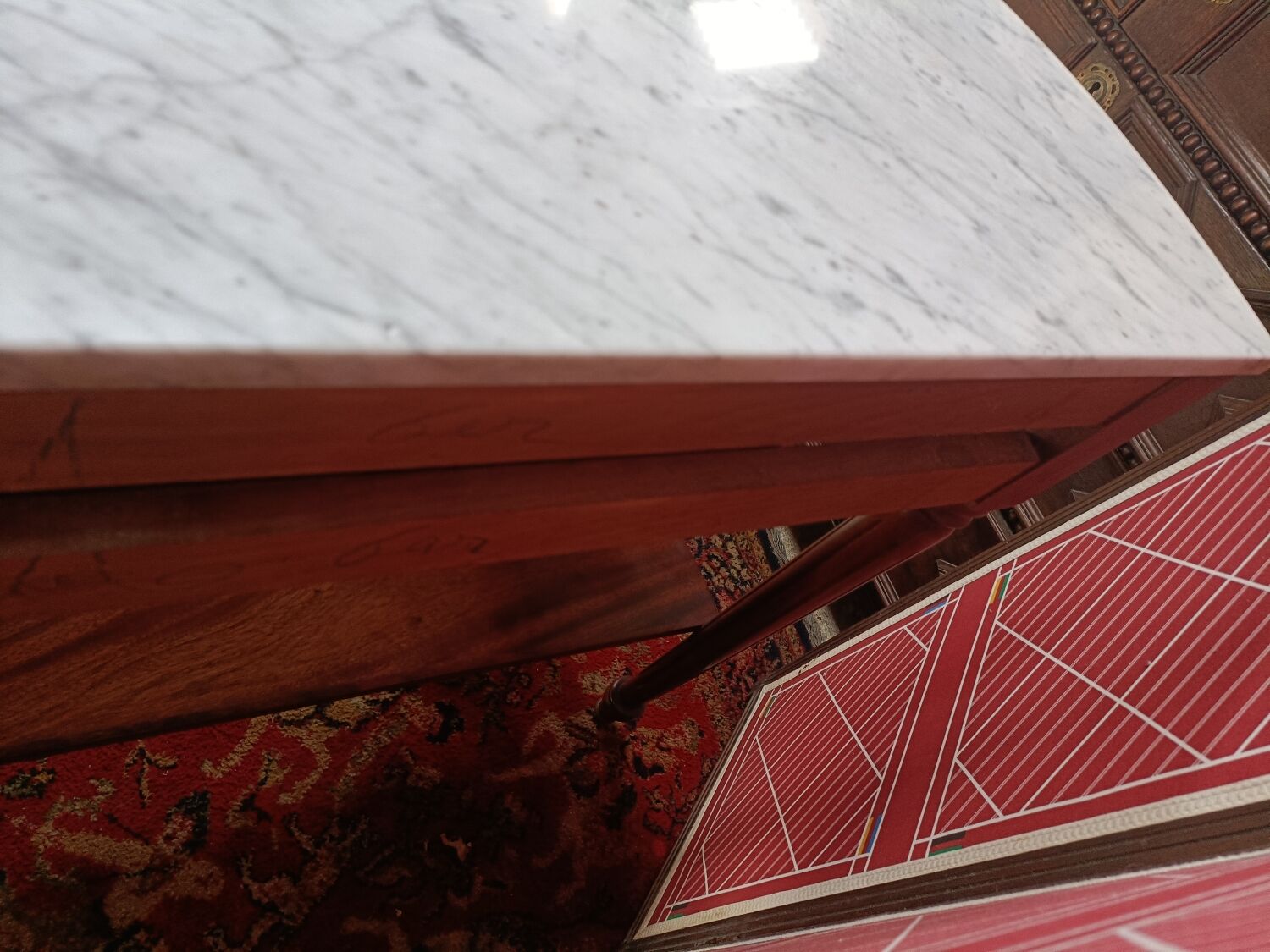 Louis XVI style half-moon console with veined white marble and drawer