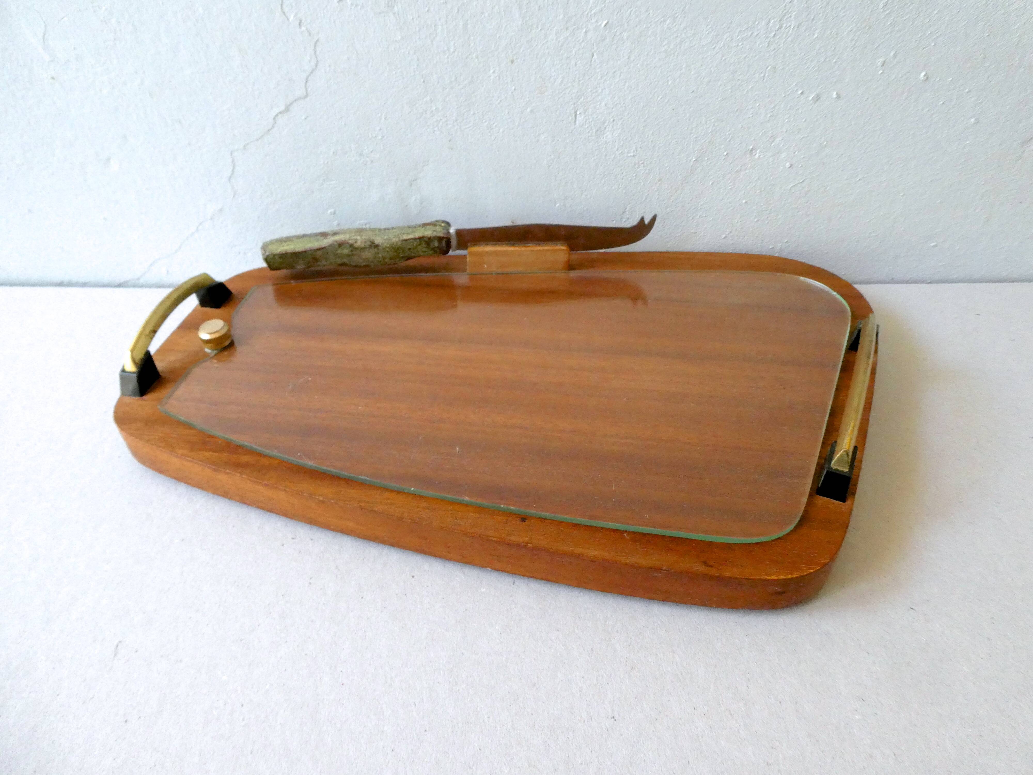 Teak and glass cheese platter, Scandinavian, 60s