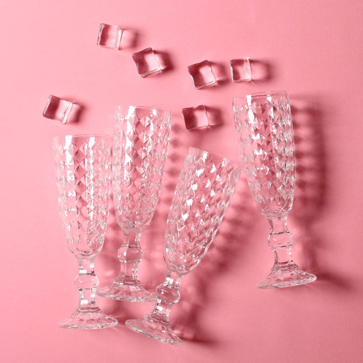 Set of 4 Vintage Pressed Glass Champagne Flutes, Clear Italian Stemware