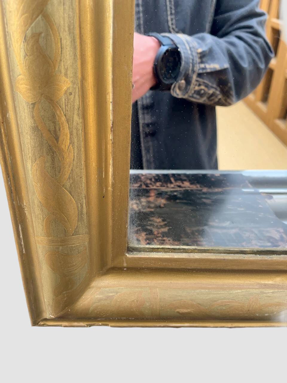 Grand miroir ancien français doré à décor floral peint