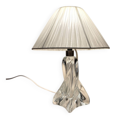 Lampe vintage pied cristal torsadé 1960 et abat-jour pagode en ruban blanc
