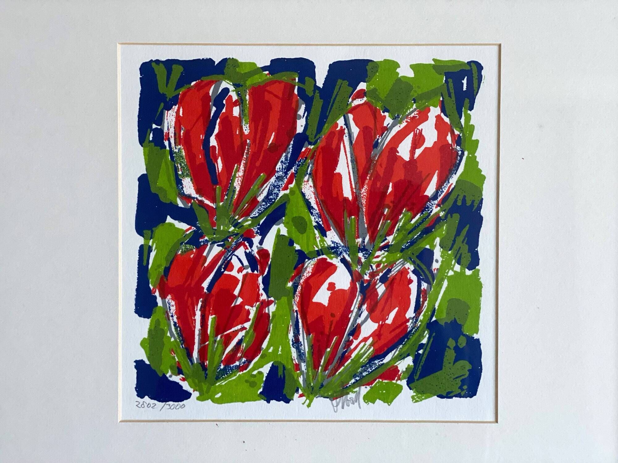 Cheerful silkscreen "red tulips" by Ad van Hassel, Dutch art