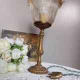 Table lamp with brass base, grooved transparent globe, vintage