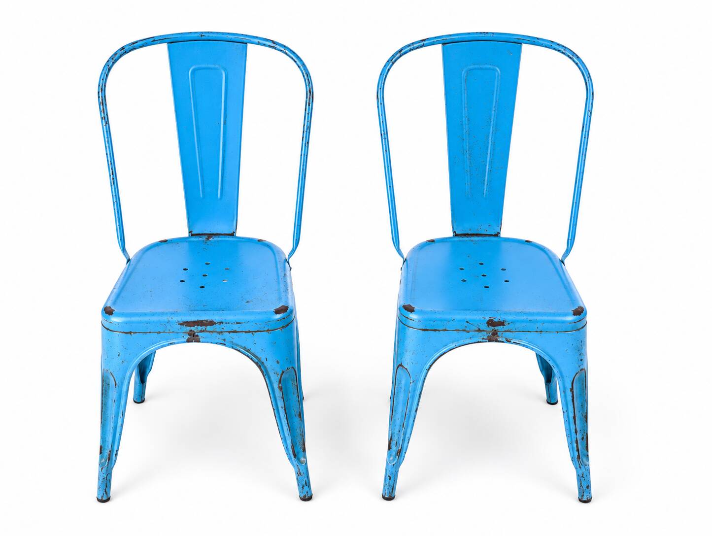 Set of 4 Tolix chairs, 2 yellow, 2 blue. 1960s edition.