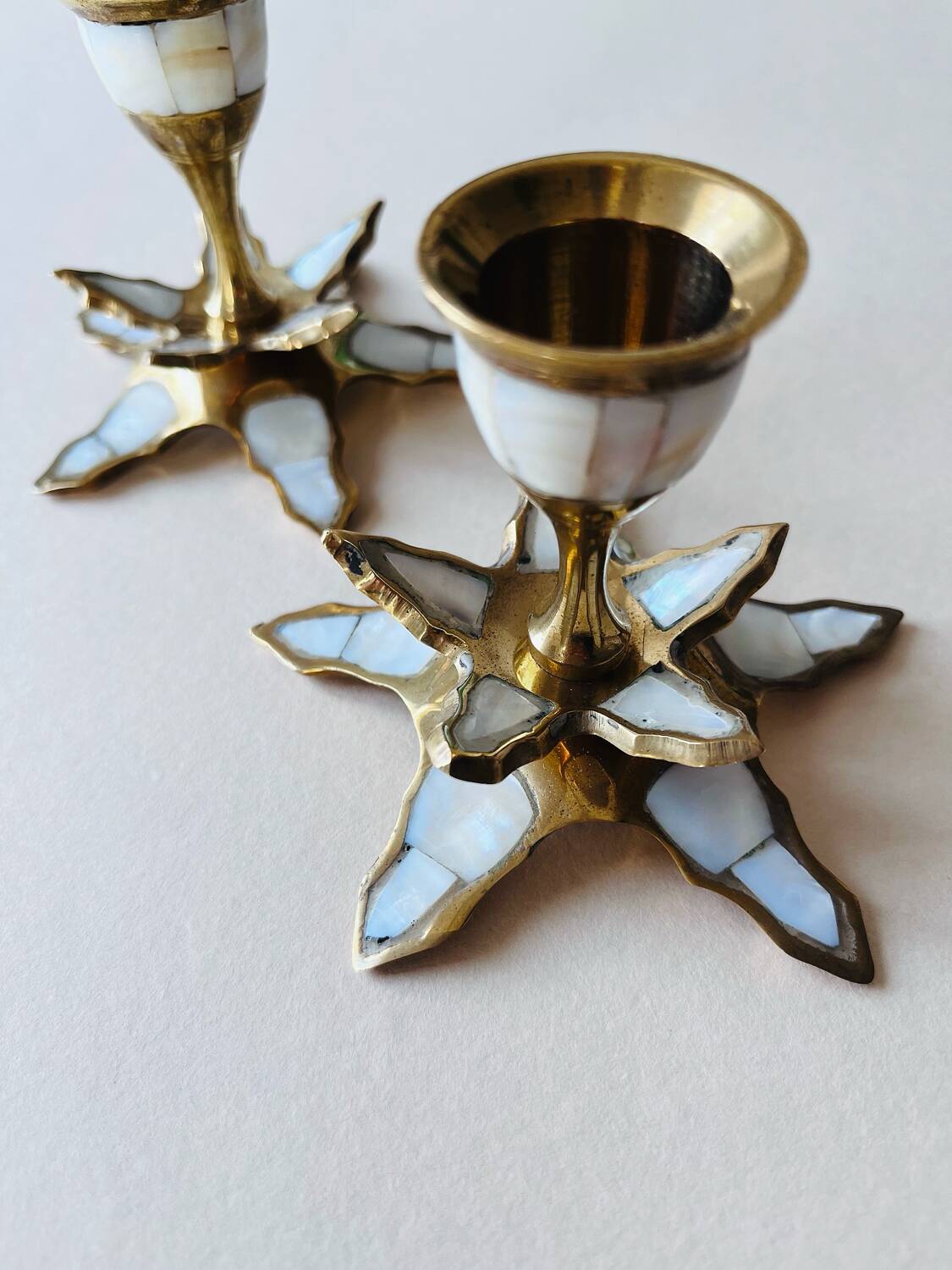 Pair of vintage brass and mother-of-pearl candlesticks