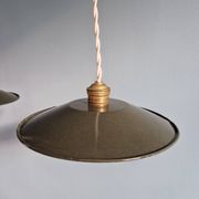 Pair of industrial pendant lights in olive green enameled sheet metal