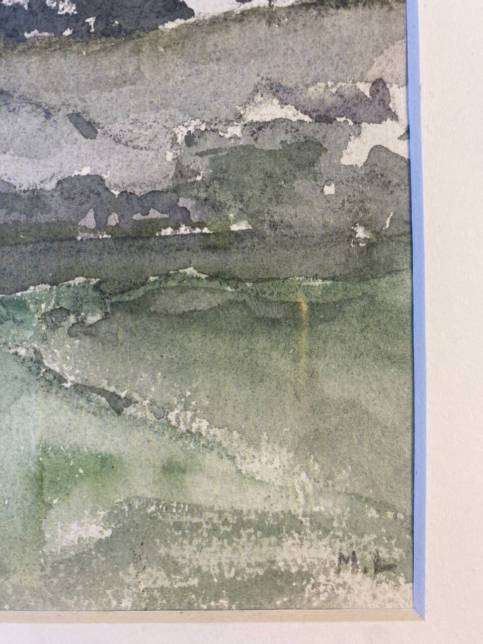 Tableau ancien, fermette à la campagne monogrammée ML, milieu XX siècle