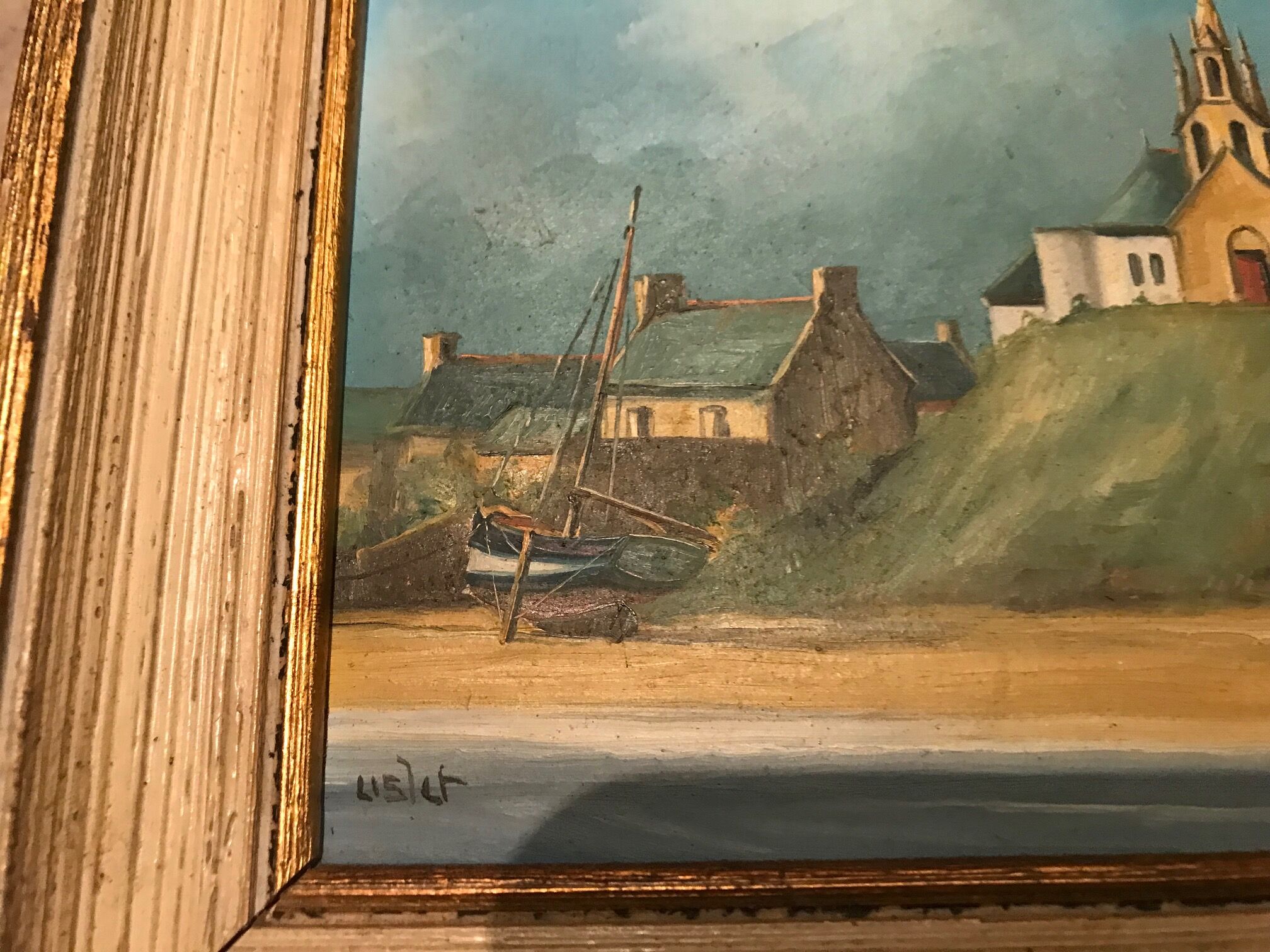 Oil painting marine style chapel of poulgoazec signed lislet