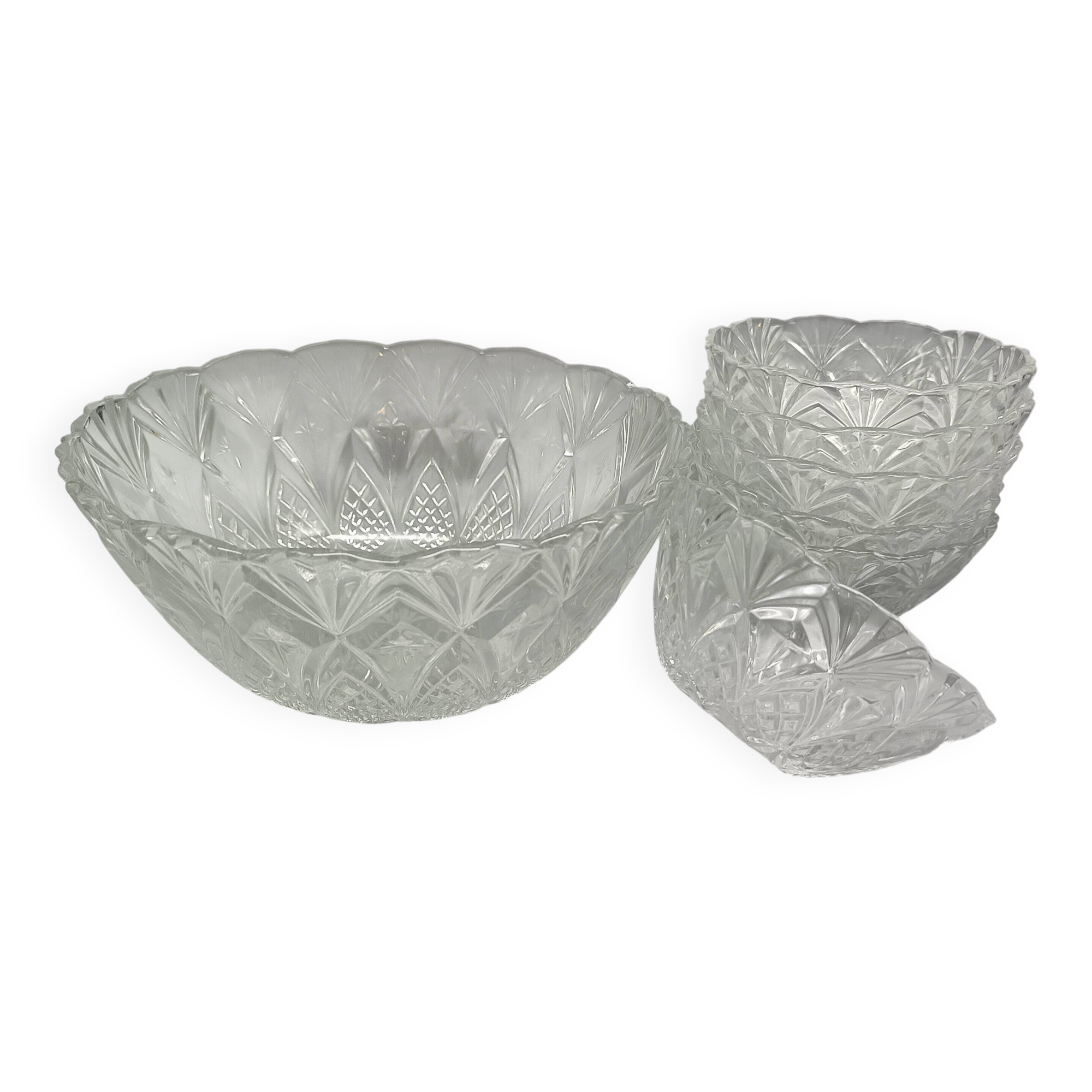 Dessert set, bowls and salad bowl in vintage textured glass
