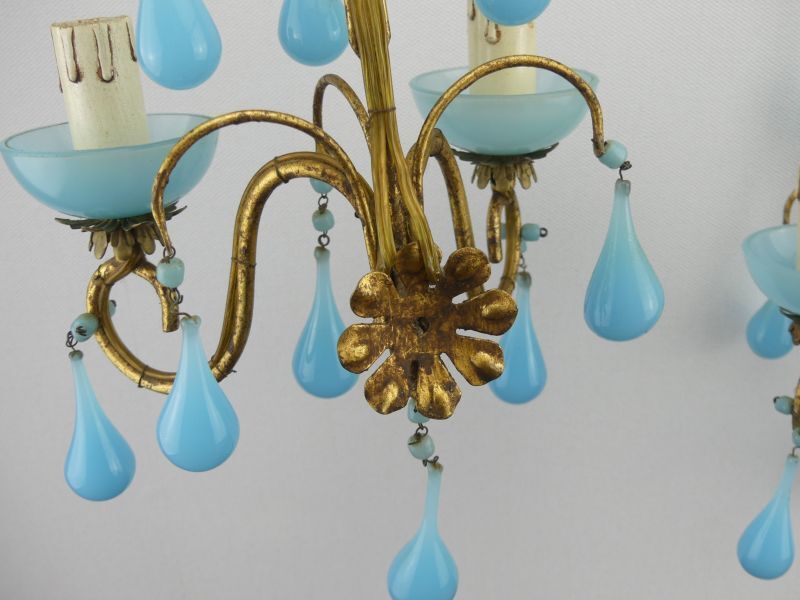 Pair of vintage wall lamps Murano blue opaline tassels