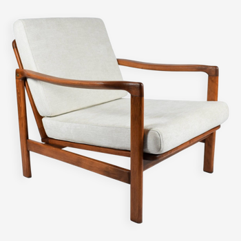 Fauteuil original scandinave Baczyk, années 1960, rénovation, beige, bois teck