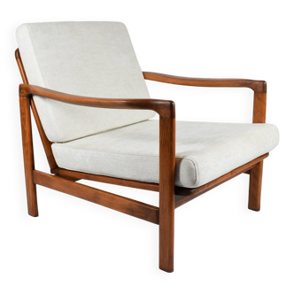 Fauteuil original scandinave Baczyk, années 1960, rénovation, beige, bois teck