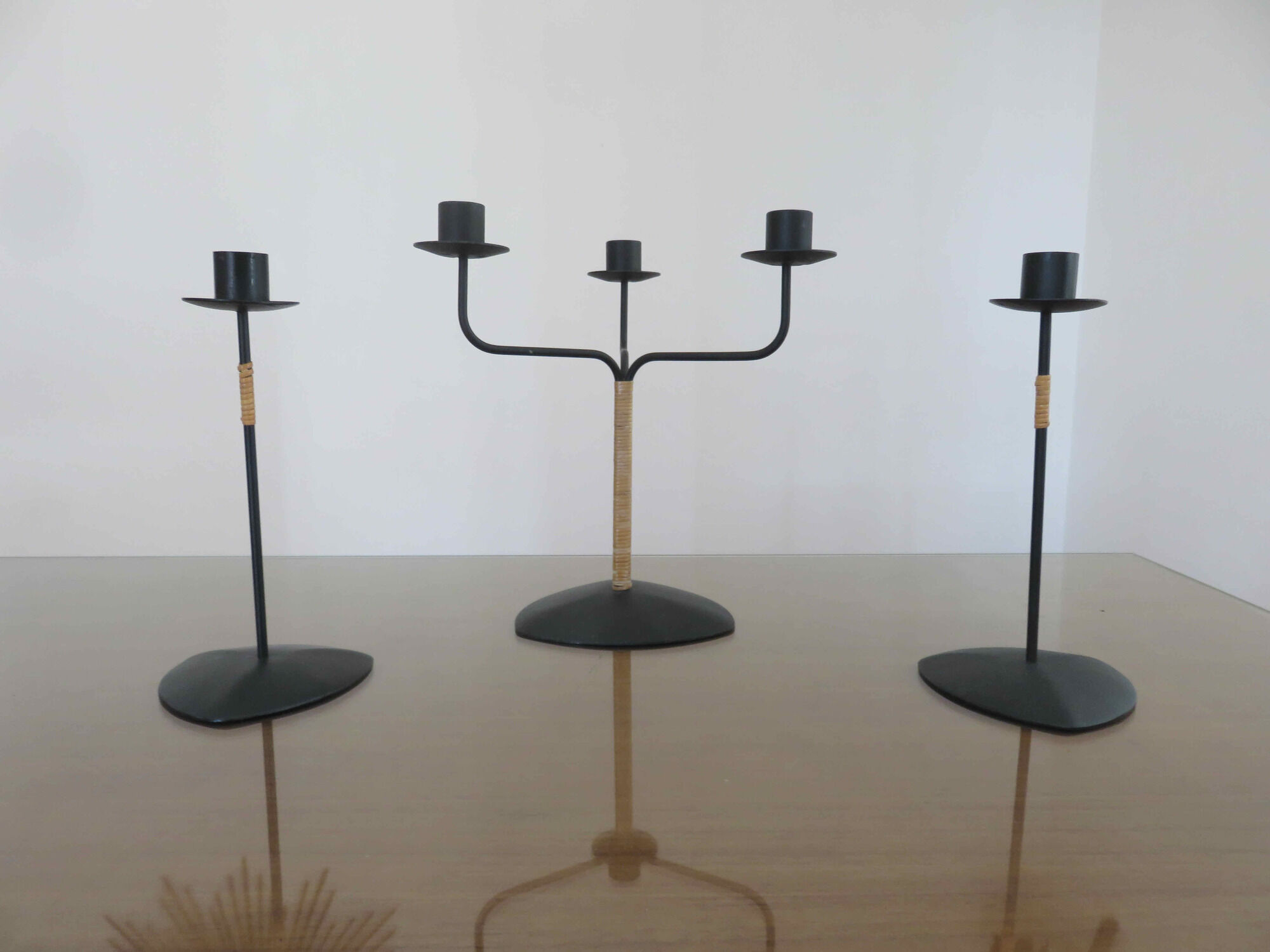 Scandinavian candle holder Laurids Lonborg in metal and rattan 50s 60s