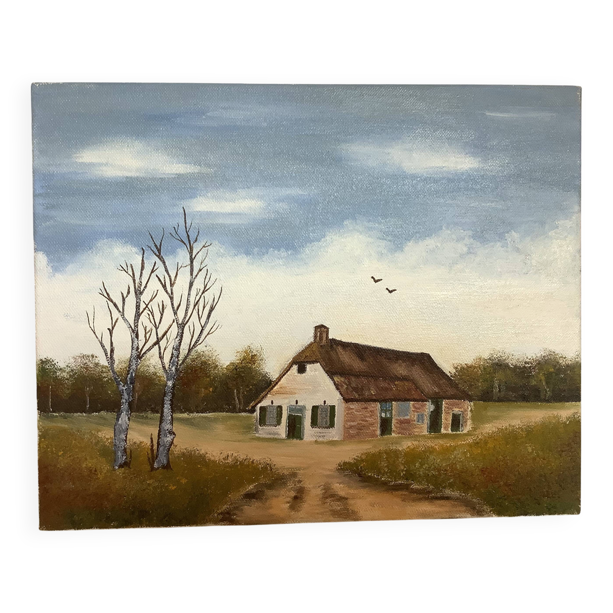 Petit tableau paysage de campagne huile sur toile