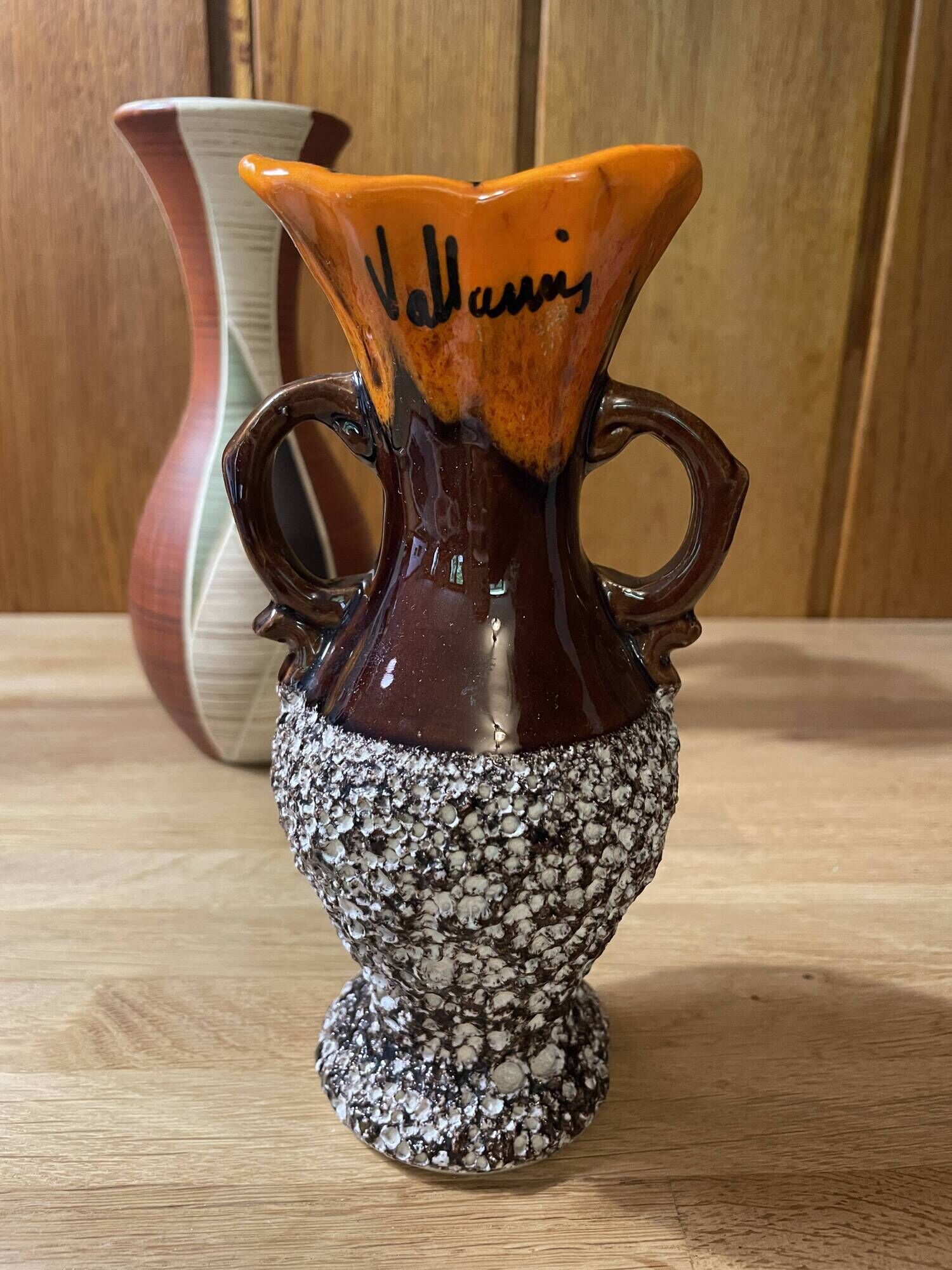 Small Vallauris ceramic vase orange brown and white 70s
