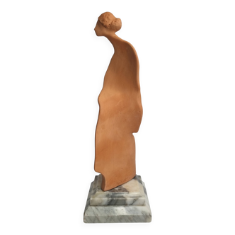 Terracotta sculpture signed stylized woman on marble base 35 cm
