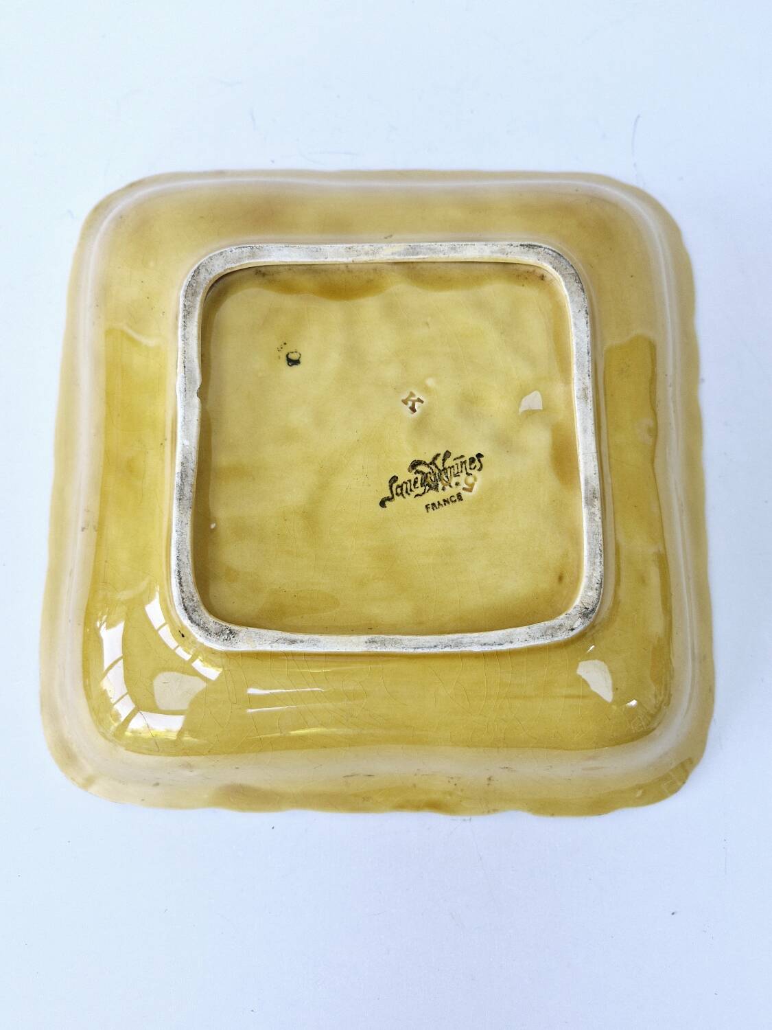 Plat Creux Carré Ancien Barbotine Fruits Sarreguemines Années 20 23.5x23.5cm
