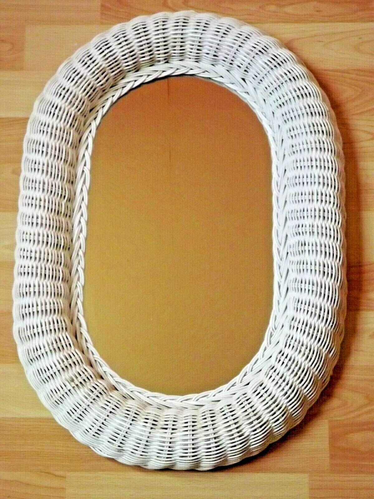 Vintage French White Oval Rattan Mirror Plywood Back Hanging Hook.