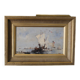 "Bateaux français sortant en mer" huile sur panneau, Bazil (XXe siècle)