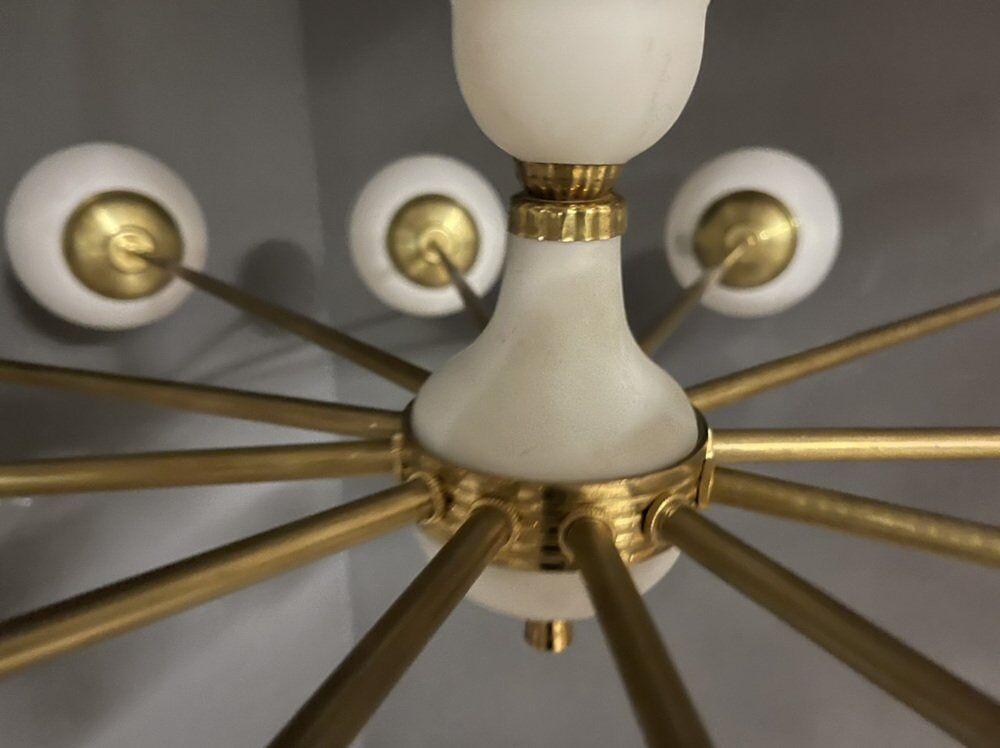 Opaline glass & brass sputnik chandelier with 12 lights, 1970s