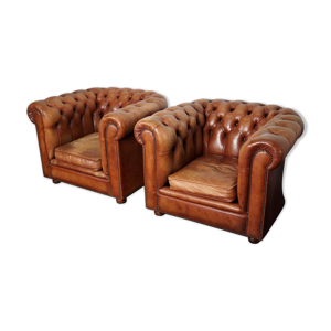 Set de 2 fauteuils club chesterfield vintage en cuir cognac, Pays-Bas,