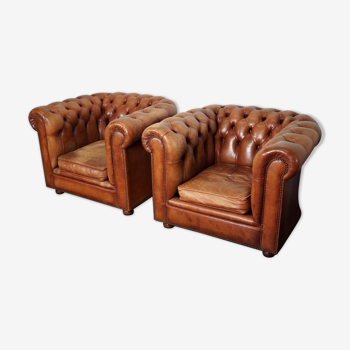 Set of 2 vintage chesterfield club armchairs in cognac leather, Netherlands,