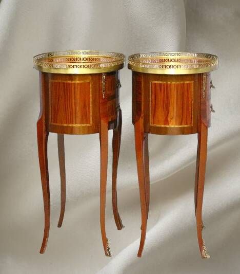 Pair of Bedside Tables / Salon in Marquetry Transition Style Louis XV/Louis XVI