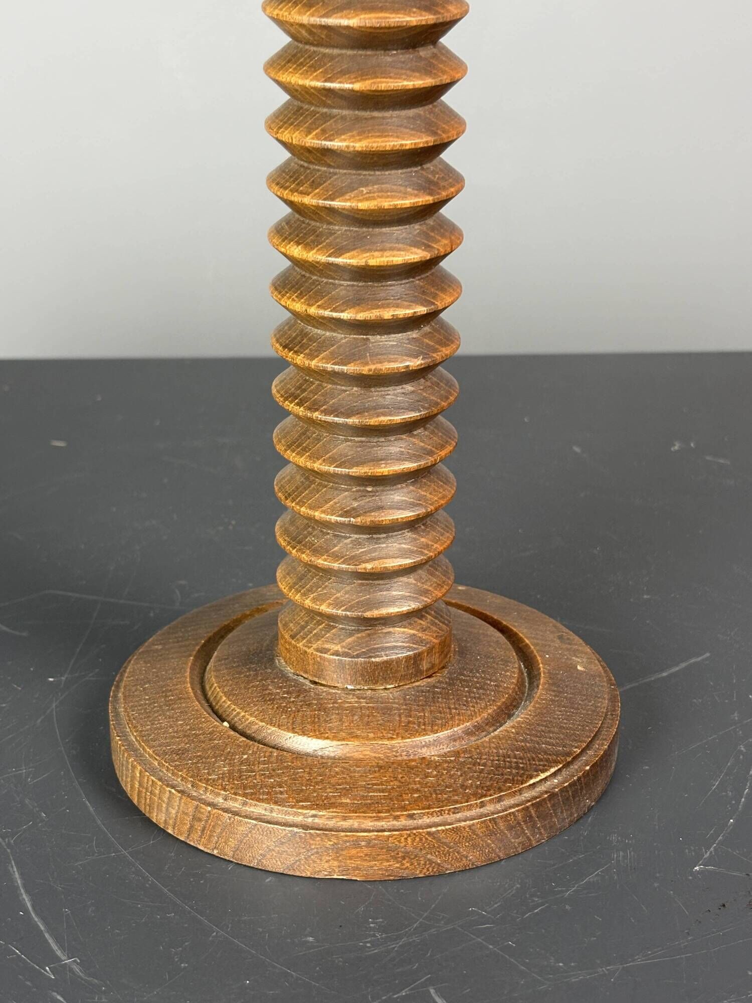 Midcentury French brutalist wood turned table lamp, Charles Dudouyt style