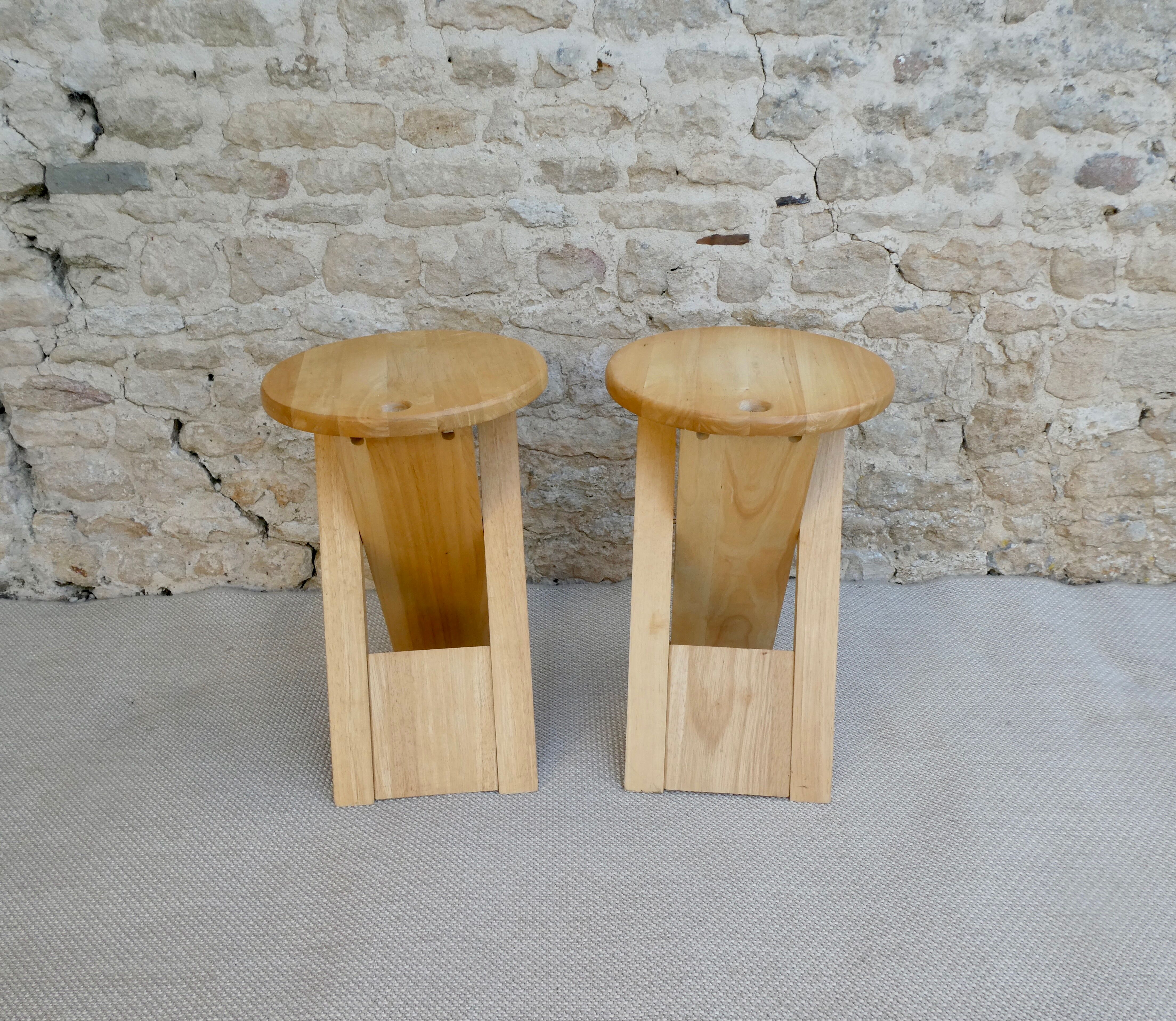 Pair of Adrian Reed wooden folding stools, 70s