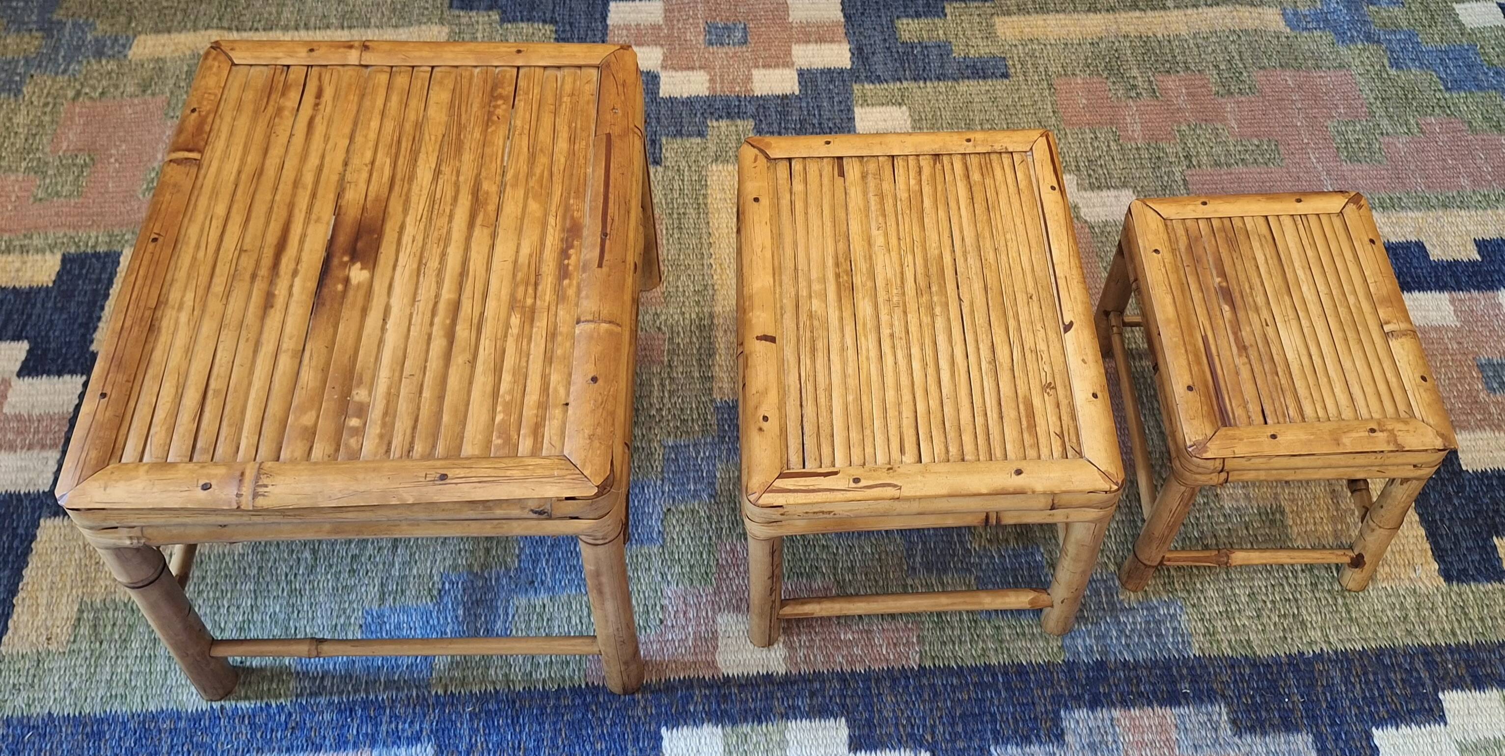 Mid century nest of 3 patinated bamboo tables, 1960s