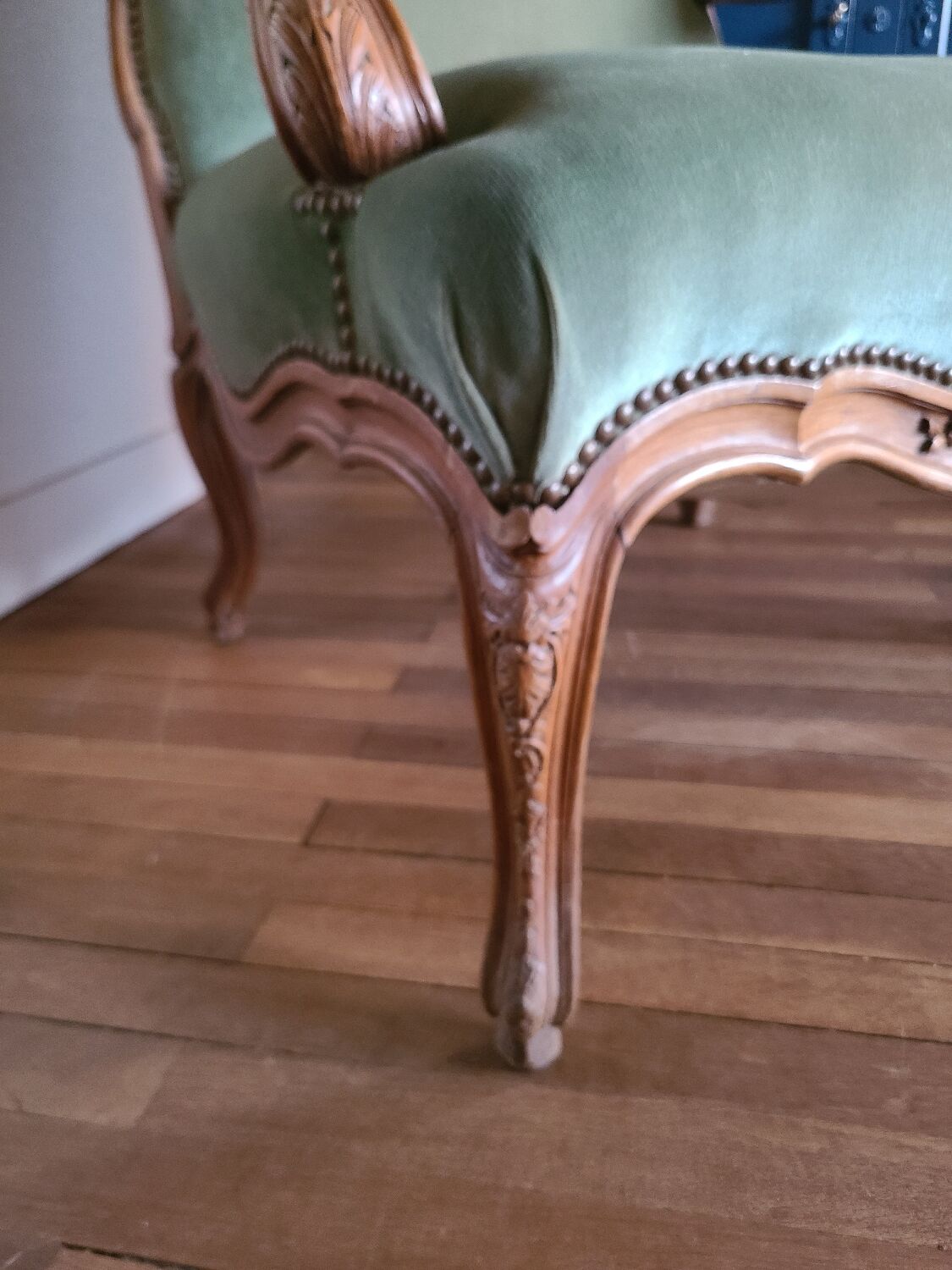 Vintage Louis XV style wing chair, light green velvet