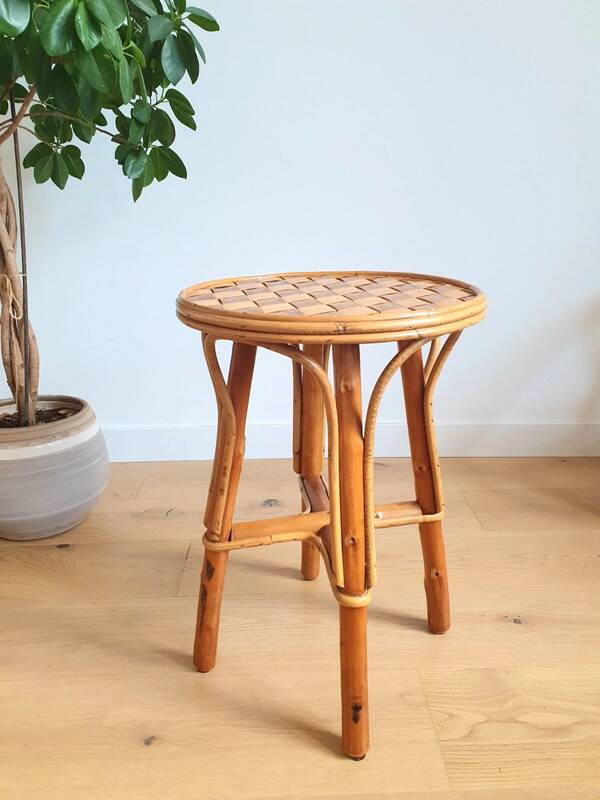 Vintage rattan and chestnut stool