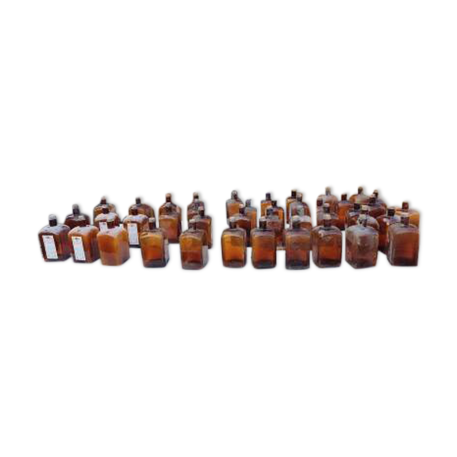Set of 41 brown glass pharmacy bottles.