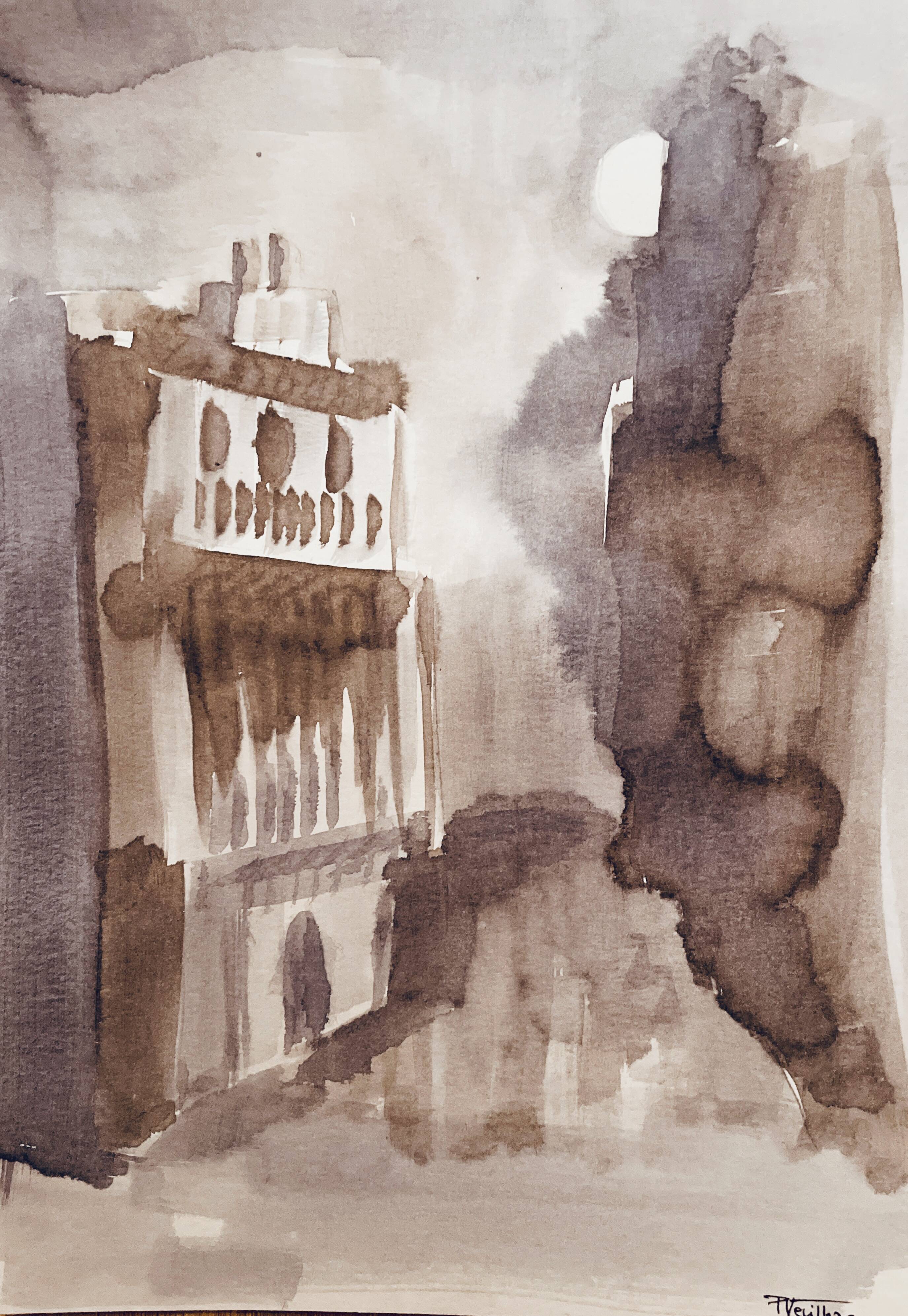 Signed watercolour monochrome sepia Moonlight over Tangier
