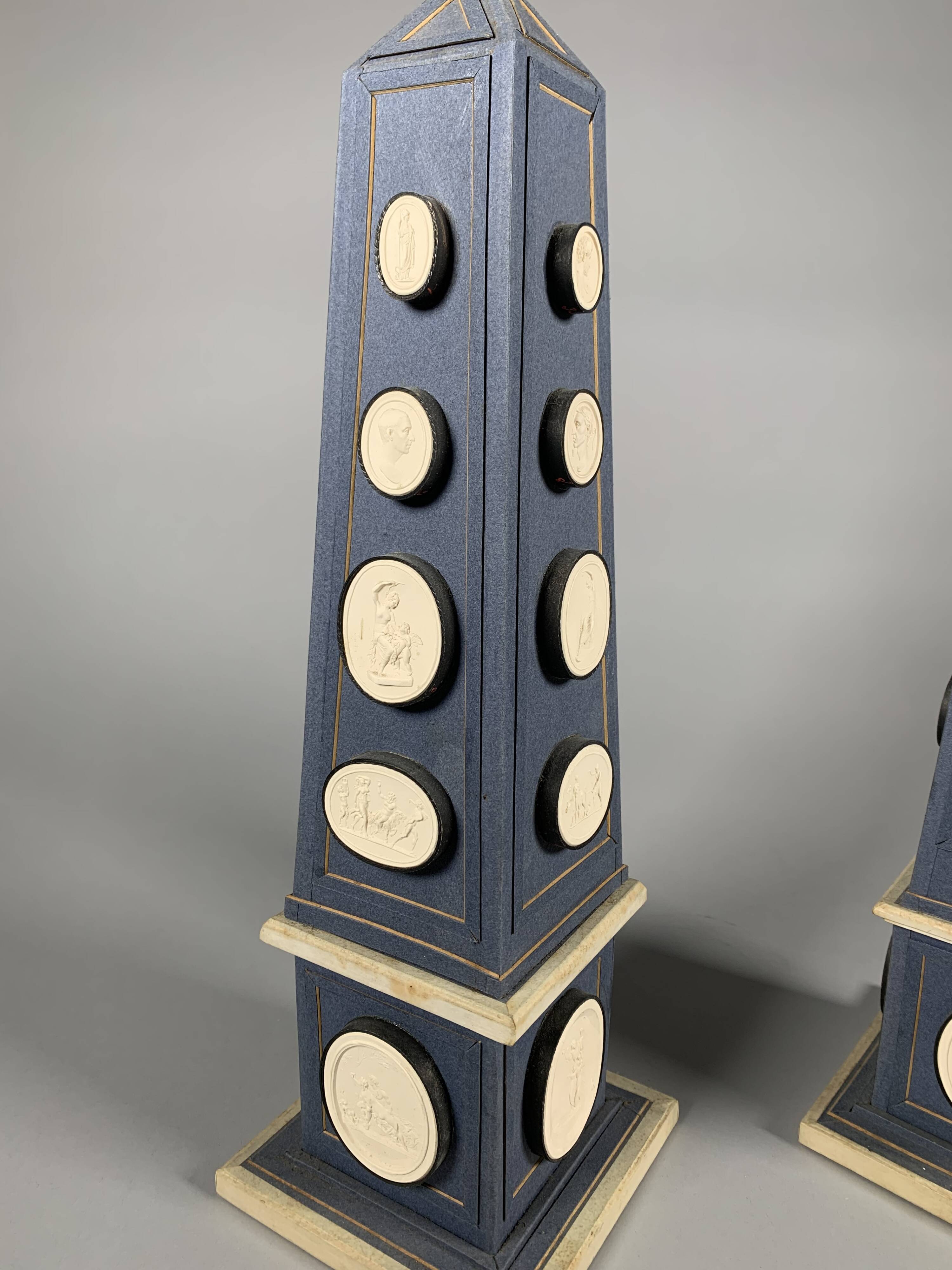 Pair of Ornate Obelisks with Cameos in Plaster in the Antique Style, Late 18th Century