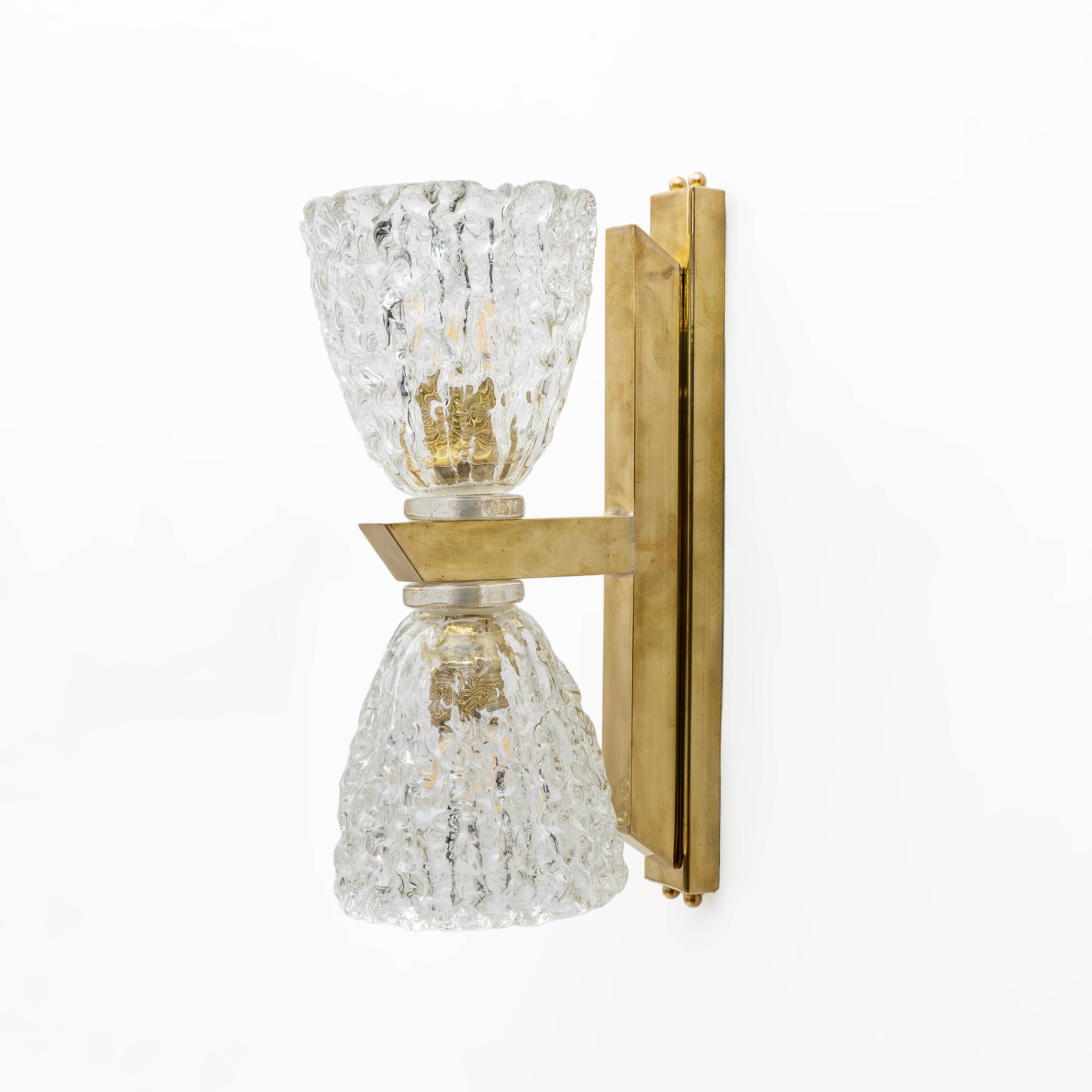 Pair of Art Decò Style Murano Glass and Brass Sconces