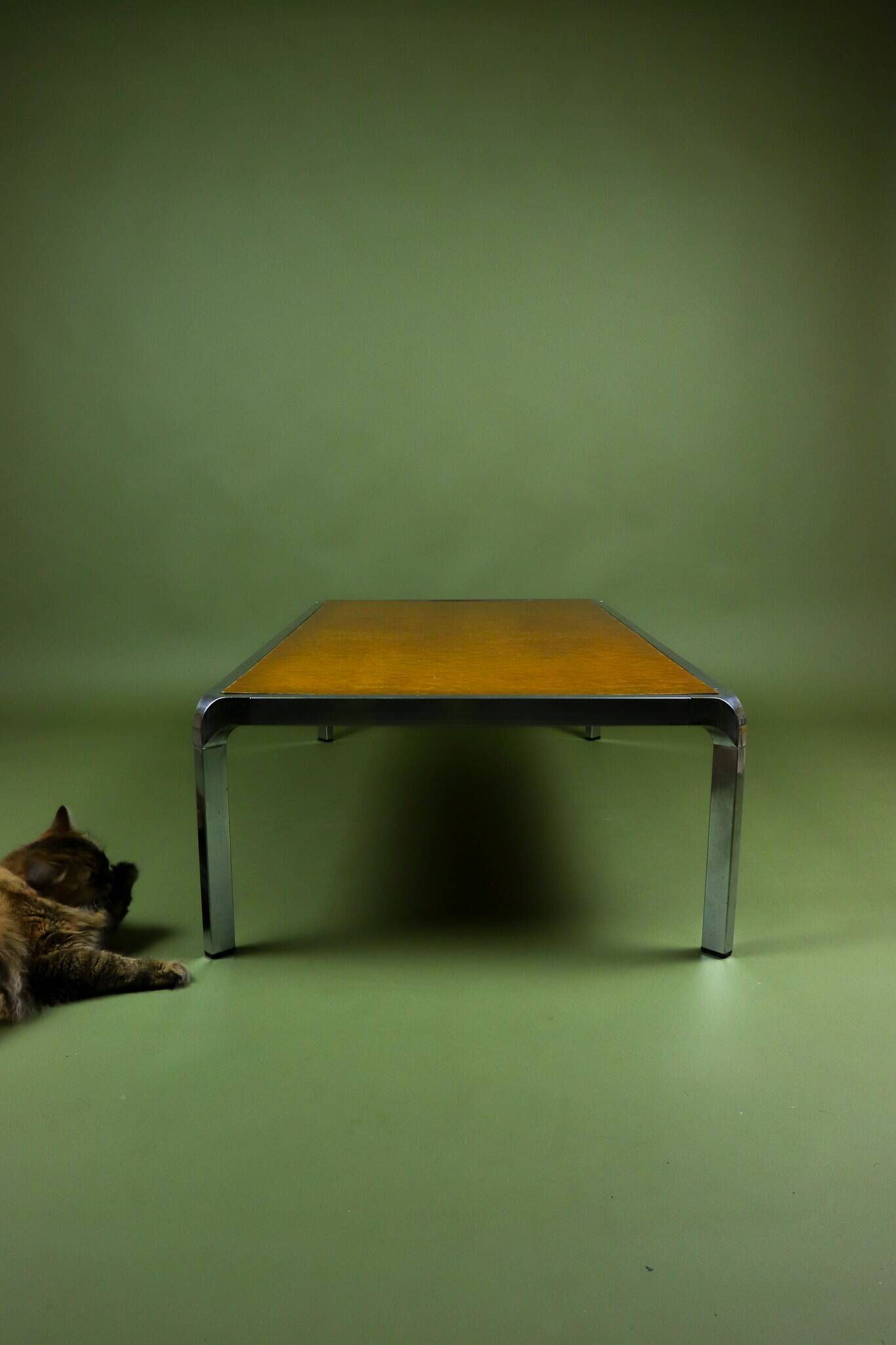 Vintage 1970s coffee table in chrome and burl wood.