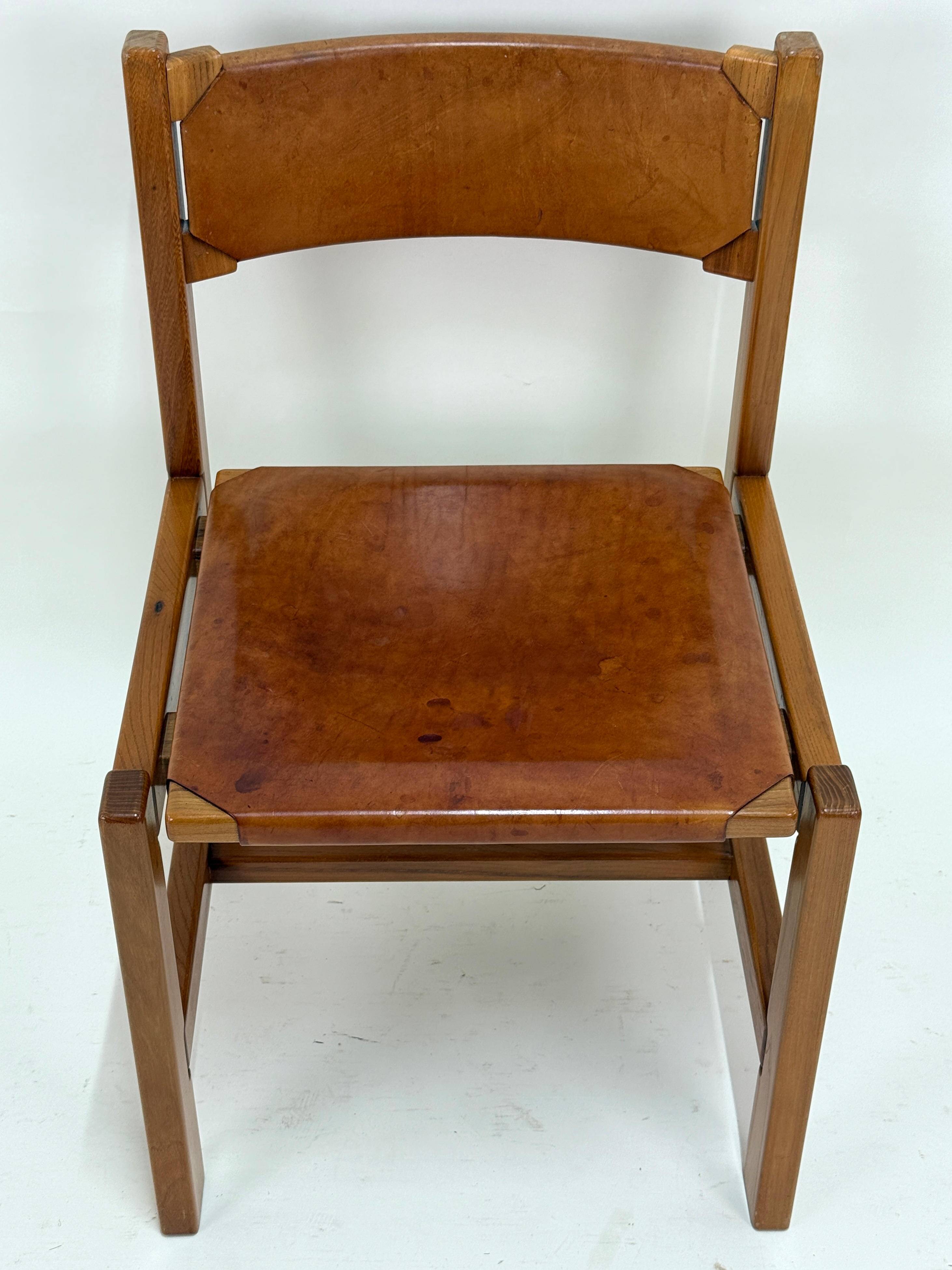 Set of 6 Maison Regain Chairs - Solid Elm and Fawn Leather - Circa 70