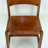 Set of 6 Maison Regain Chairs - Solid Elm and Fawn Leather - Circa 70