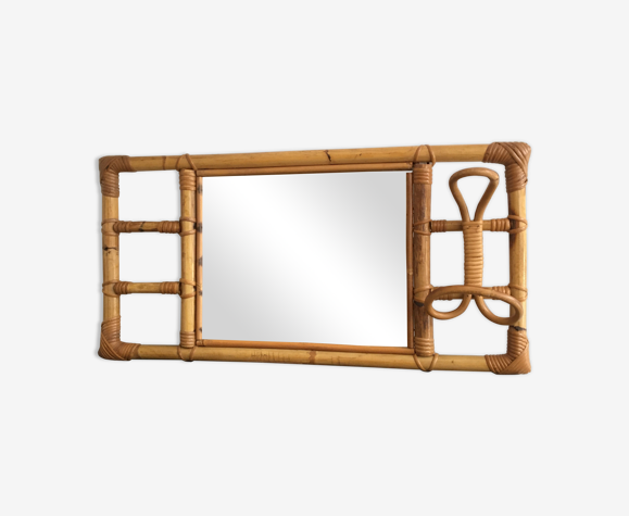 Miroir avec patère en rotin années 60