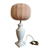 White ceramic table lamp with pastel shade