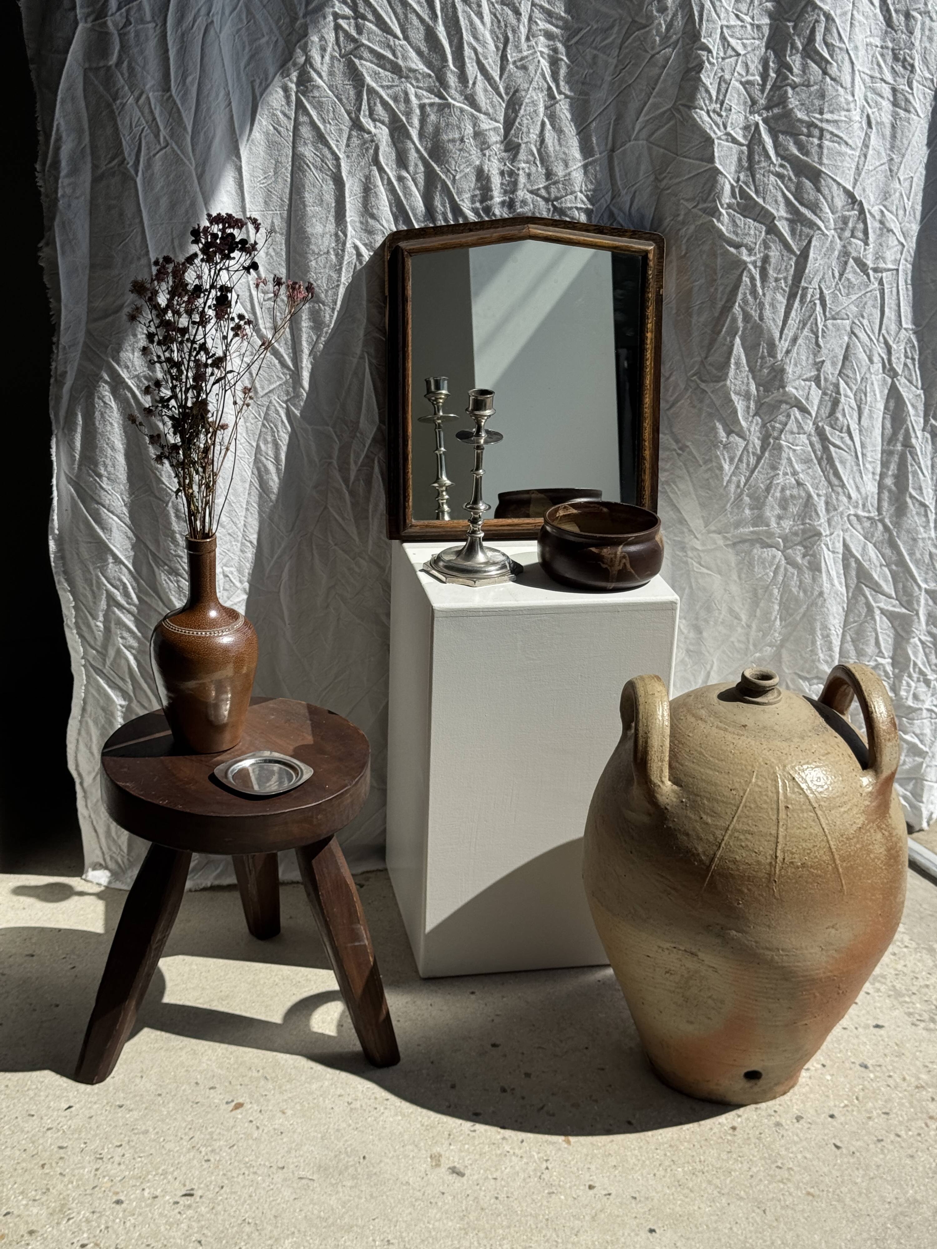 Small antique English rectangular mirror with pediment and oak frame