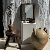 Small antique English rectangular mirror with pediment and oak frame