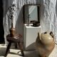 Small antique English rectangular mirror with pediment and oak frame