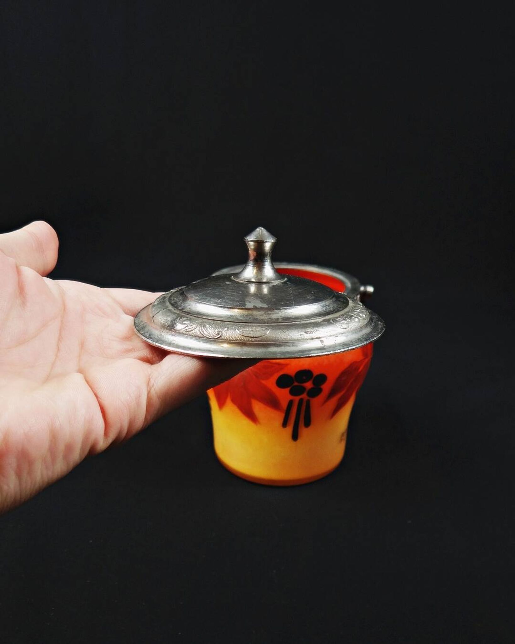Legras-Montjoye enameled & painted glass biscuit bucket, Art Deco period