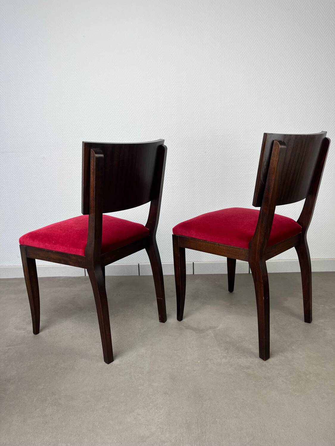 2 Art Deco chairs, red velvet and rosewood.