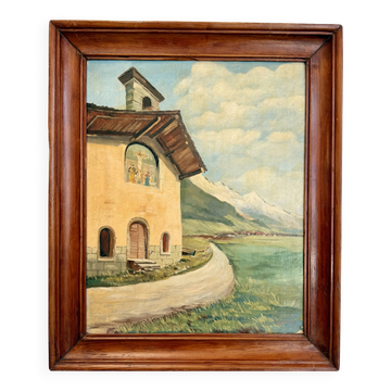 Ancienne huile sur panneau – Chapelle au bord d’un lac